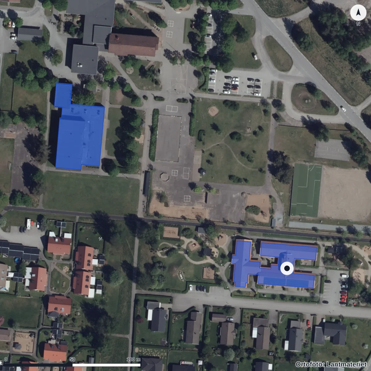 Flygbild över Ljungagårdens Förskola, ortofoto från Lantmäteriet