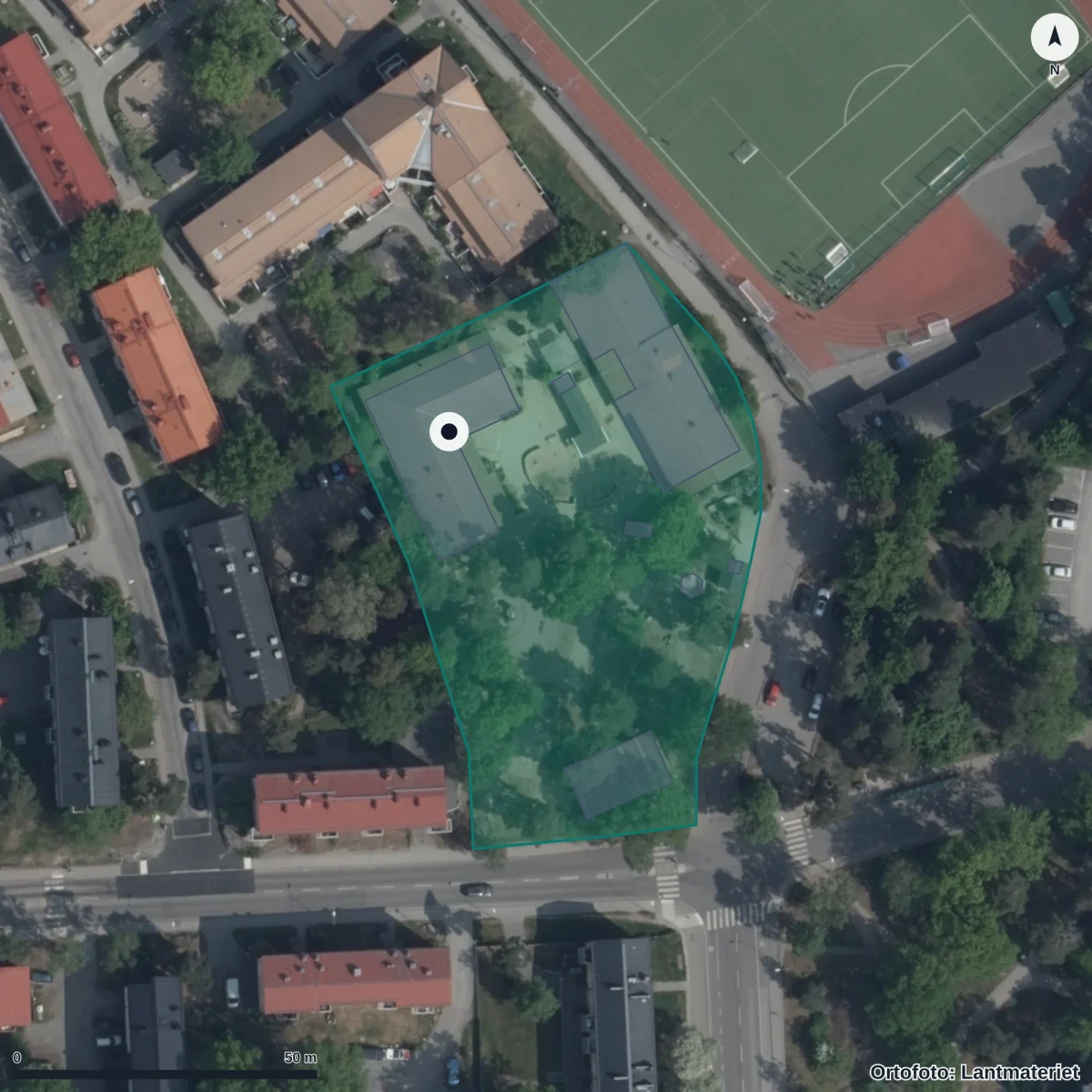 Flygbild över Förskolan Sjöfararen, ortofoto från Lantmäteriet