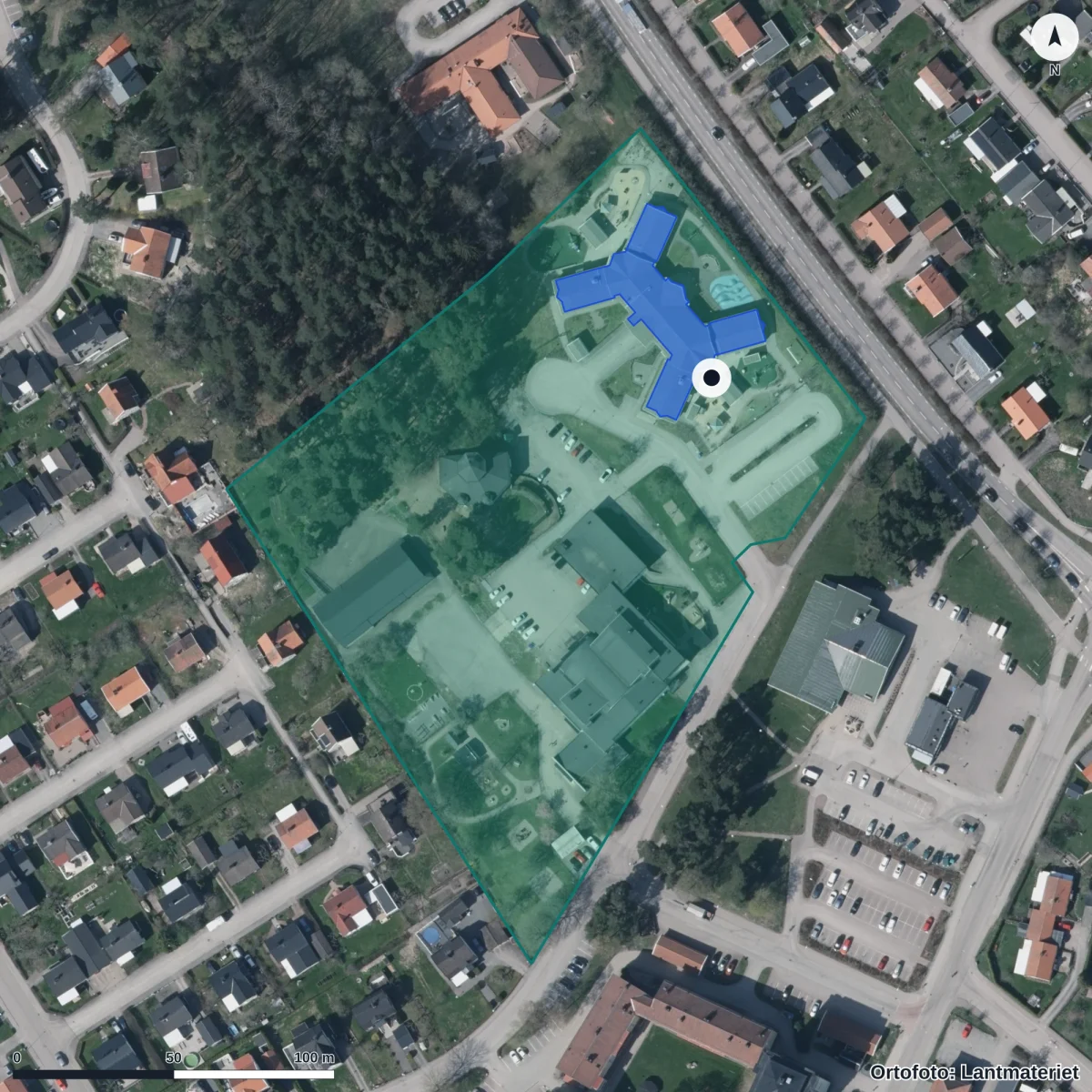 Flygbild över Kompassens Förskola, ortofoto från Lantmäteriet