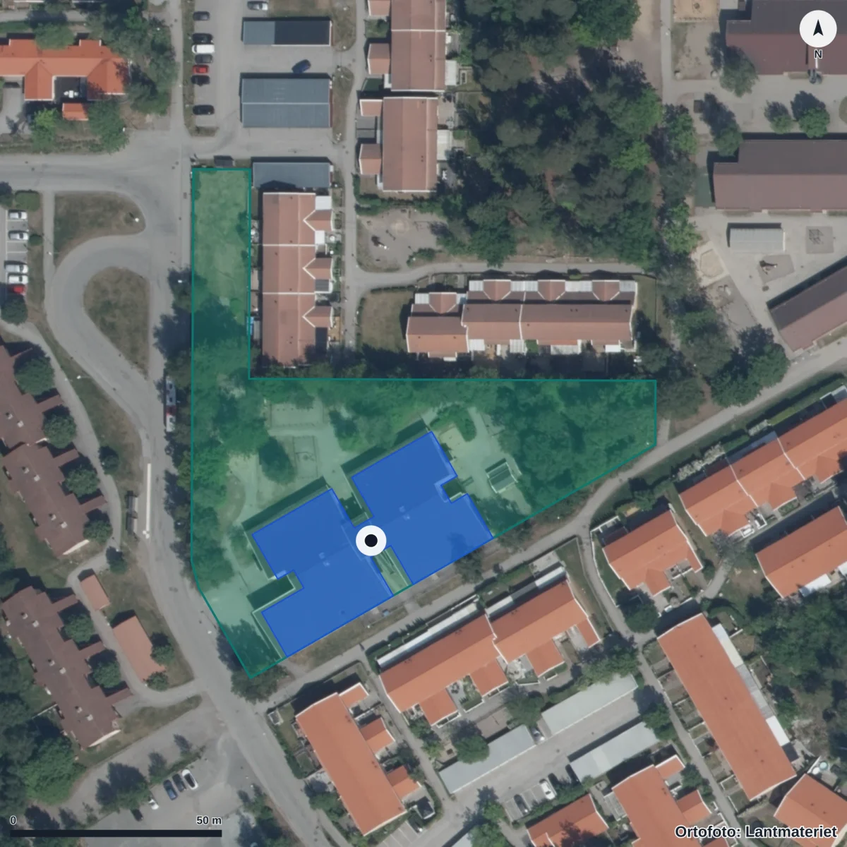 Flygbild över Lina Förskola, ortofoto från Lantmäteriet