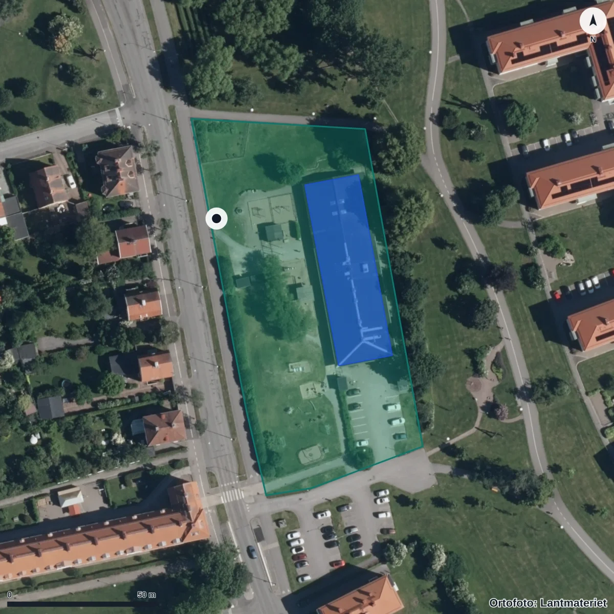 Flygbild över Fridtunatäppans Förskola, ortofoto från Lantmäteriet