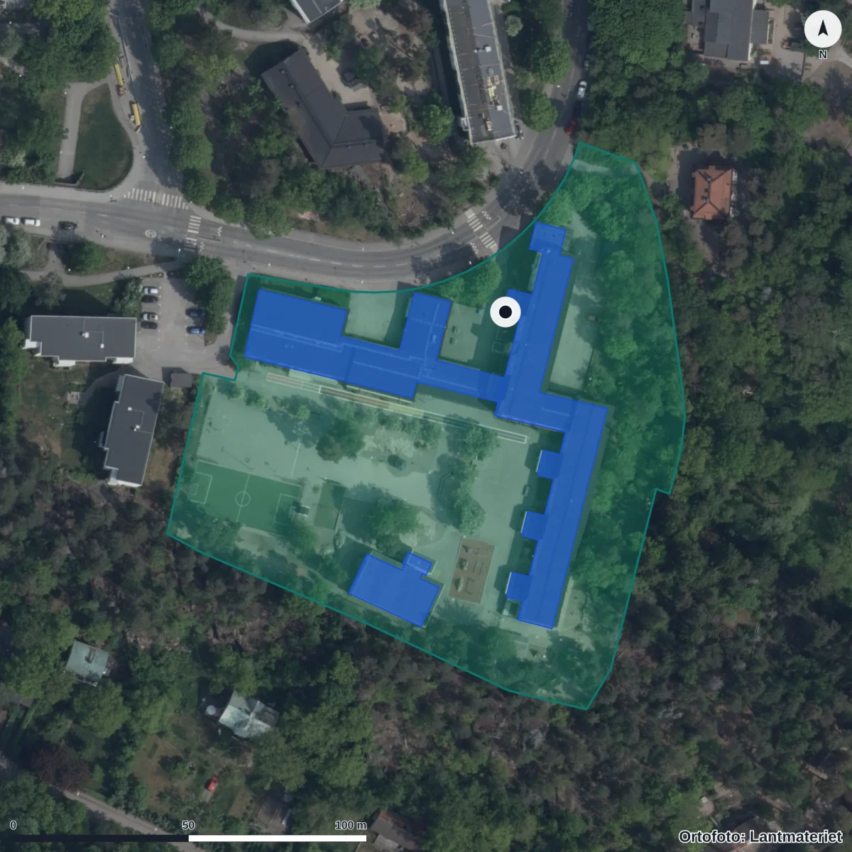 Flygbild över Förskolan Sagoskogen, ortofoto från Lantmäteriet