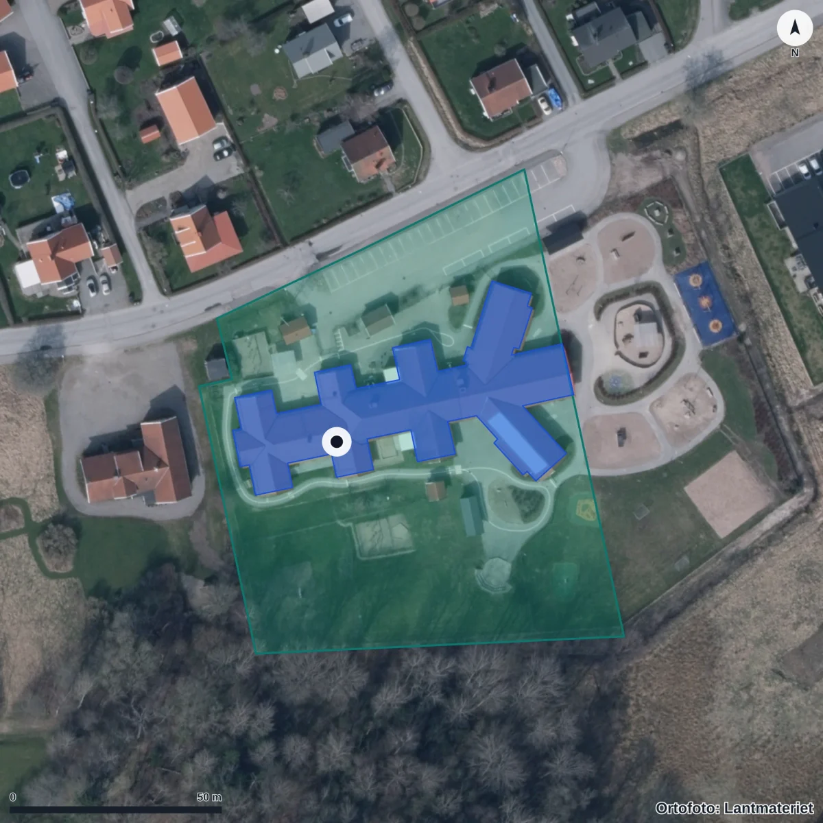 Flygbild över Önnebacka Förskola, ortofoto från Lantmäteriet