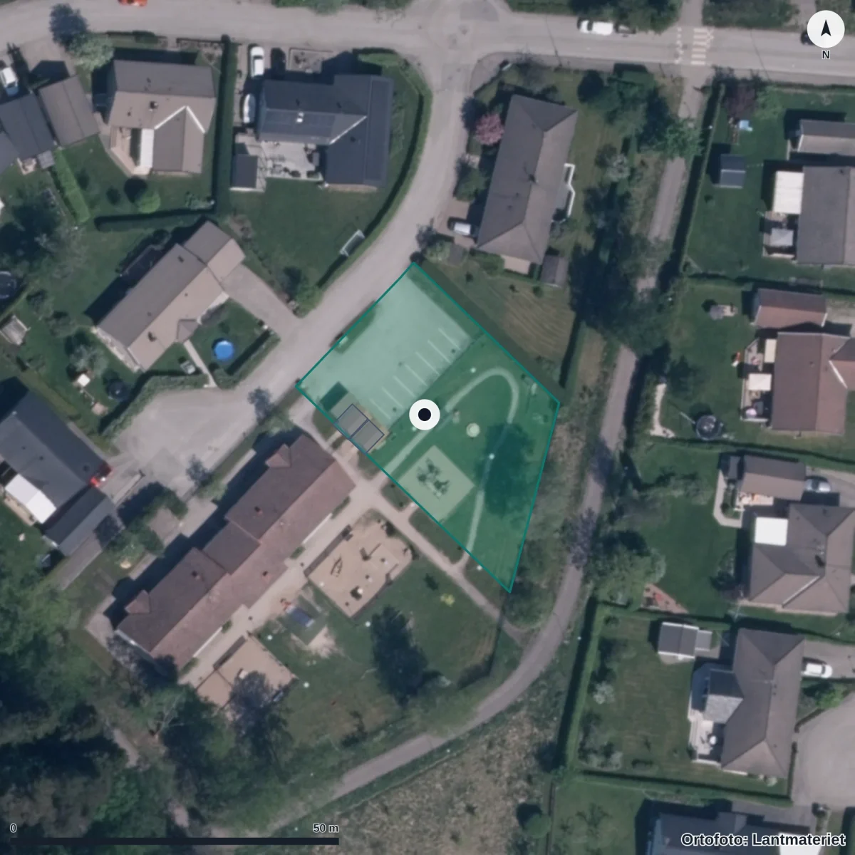 Flygbild över Ponnygatans Förskola, ortofoto från Lantmäteriet