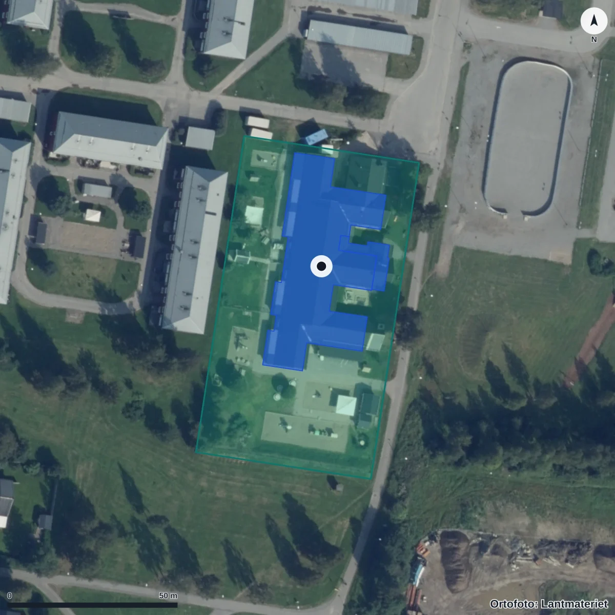 Flygbild över Sunnanå Förskola, ortofoto från Lantmäteriet