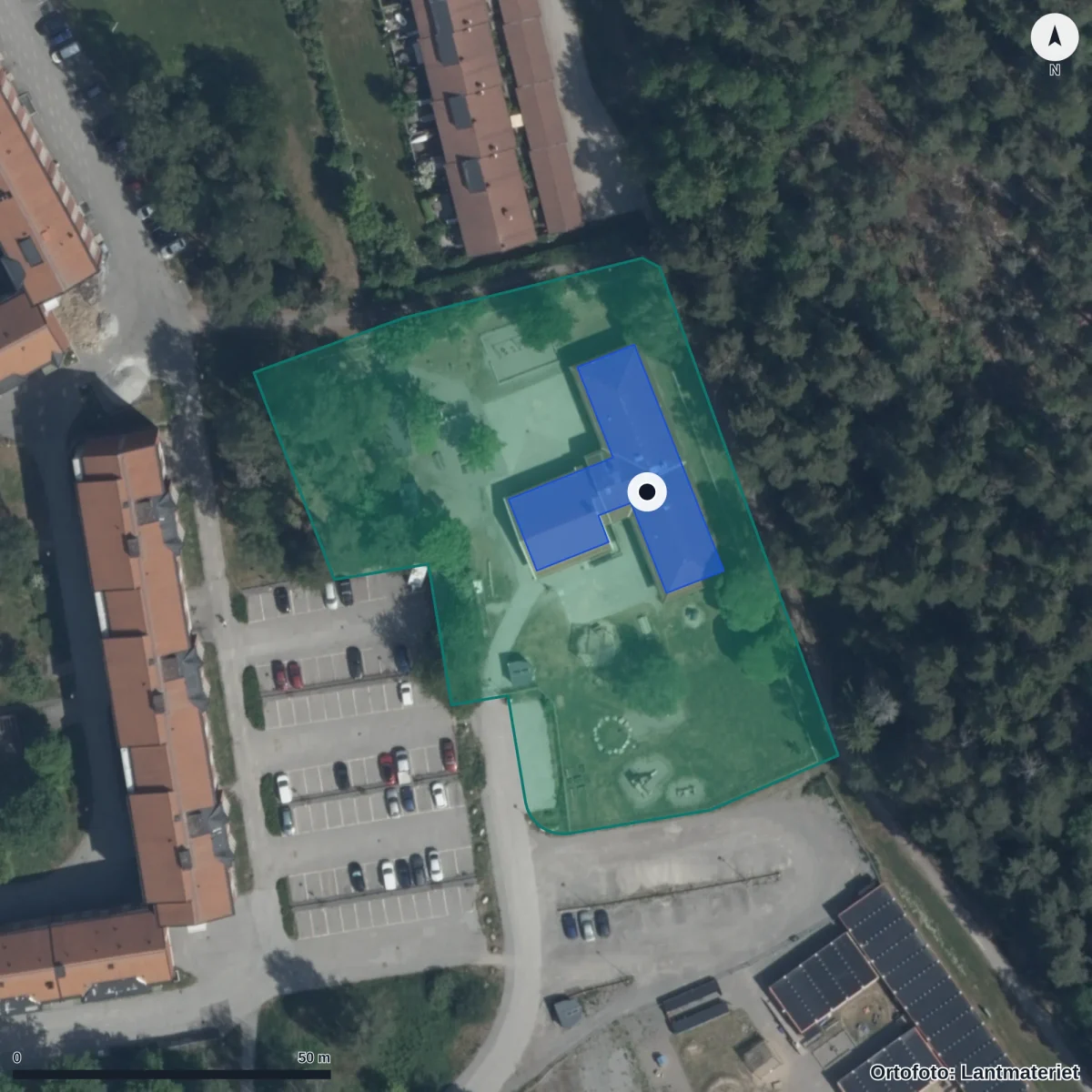 Flygbild över Morellens Förskola, ortofoto från Lantmäteriet