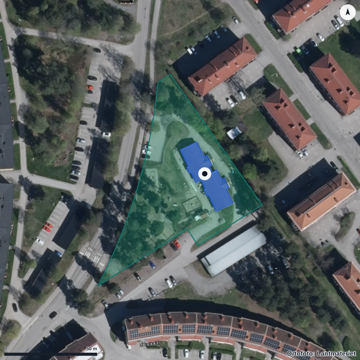 Flygbild över Baldersvägens Förskola, ortofoto från Lantmäteriet