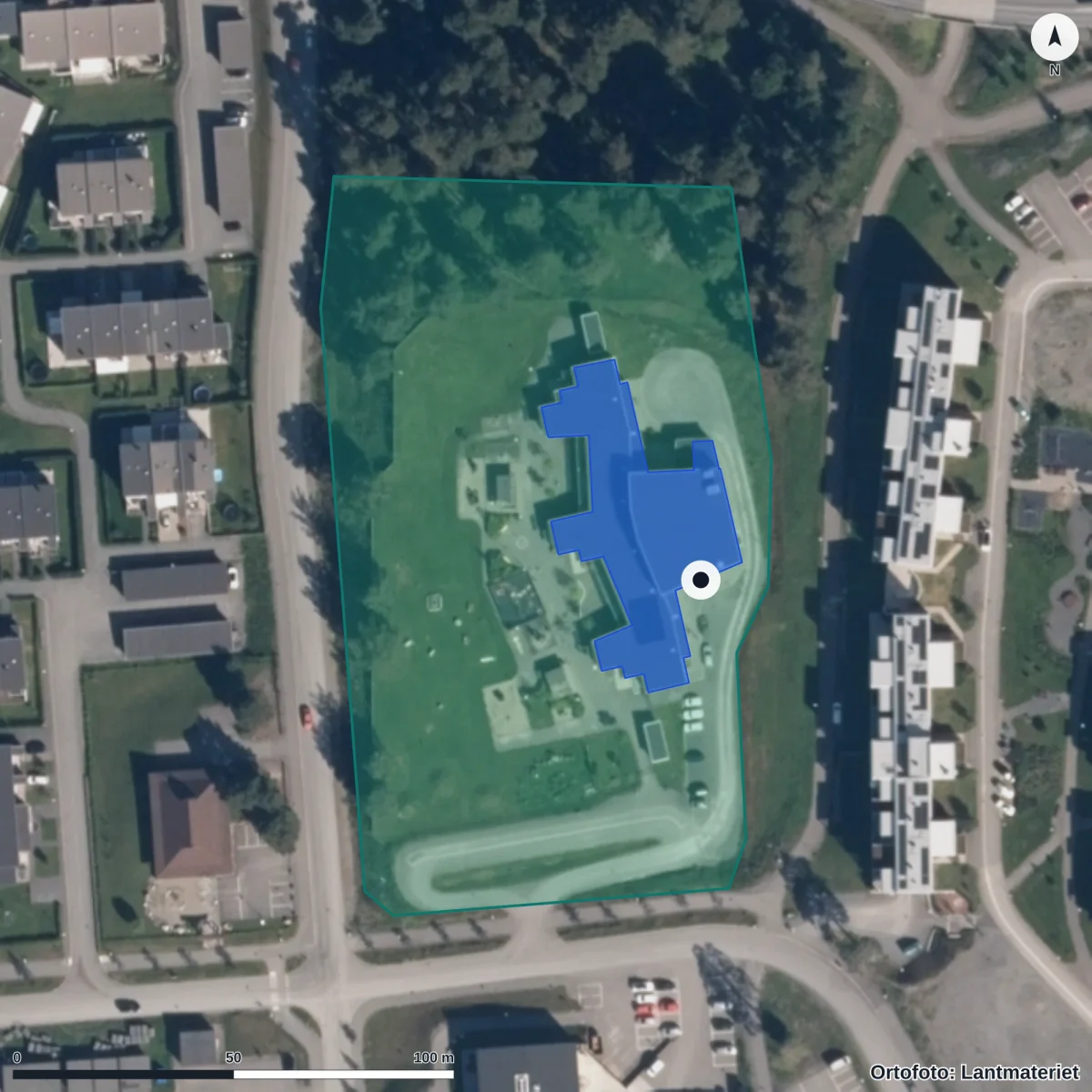 Flygbild över Jägarvallens Förskola, ortofoto från Lantmäteriet