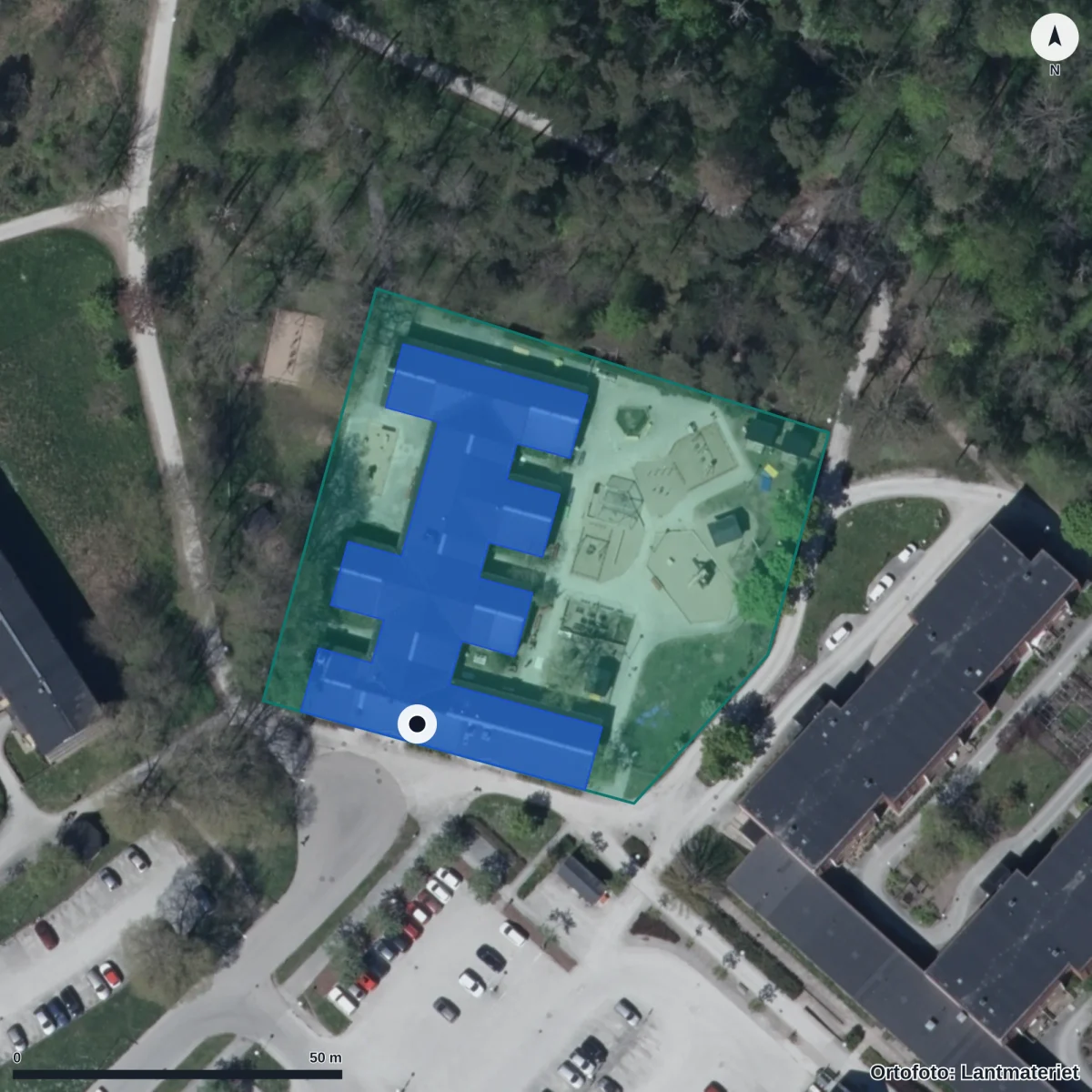 Flygbild över Kabyssen Förskola, ortofoto från Lantmäteriet