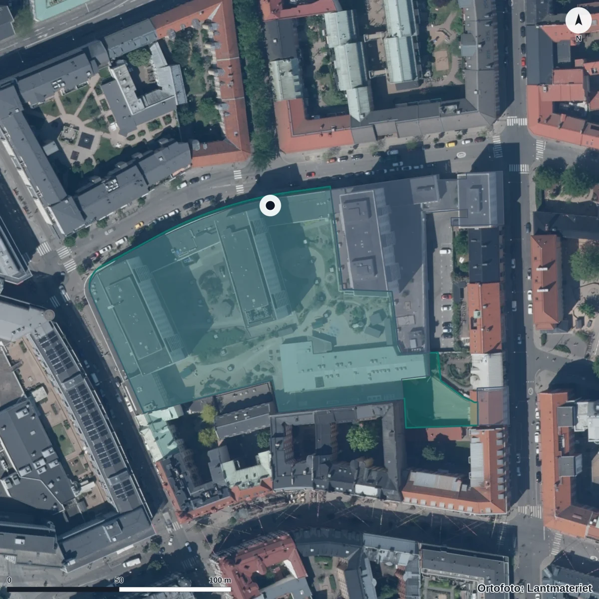 Flygbild över Triangelns Förskola, ortofoto från Lantmäteriet