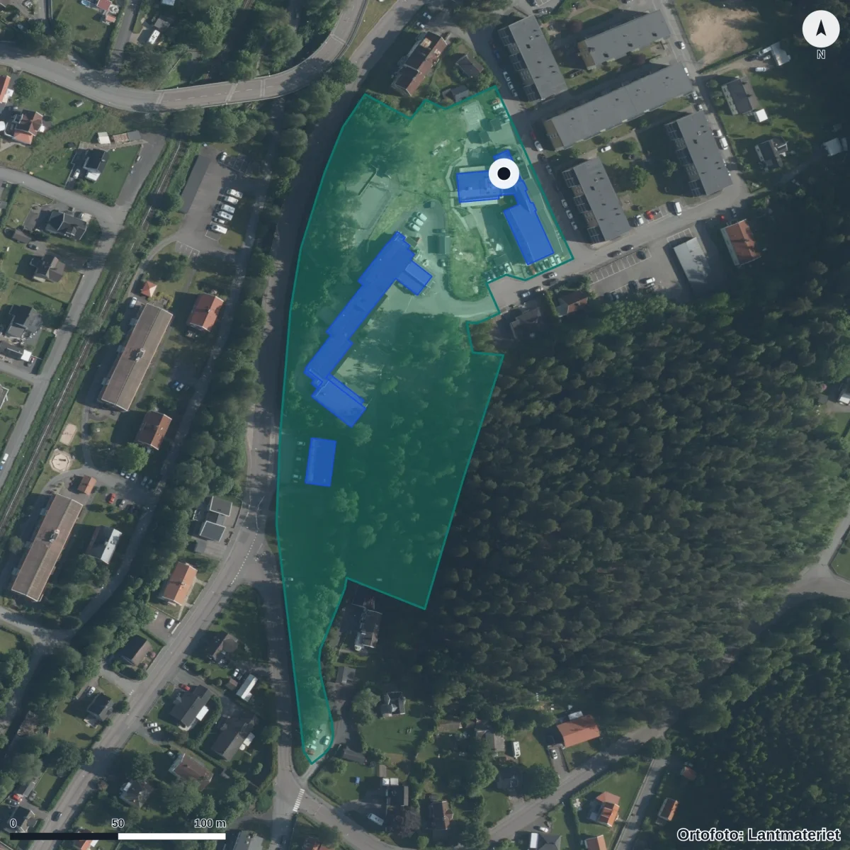 Flygbild över Brodalens Förskola, ortofoto från Lantmäteriet