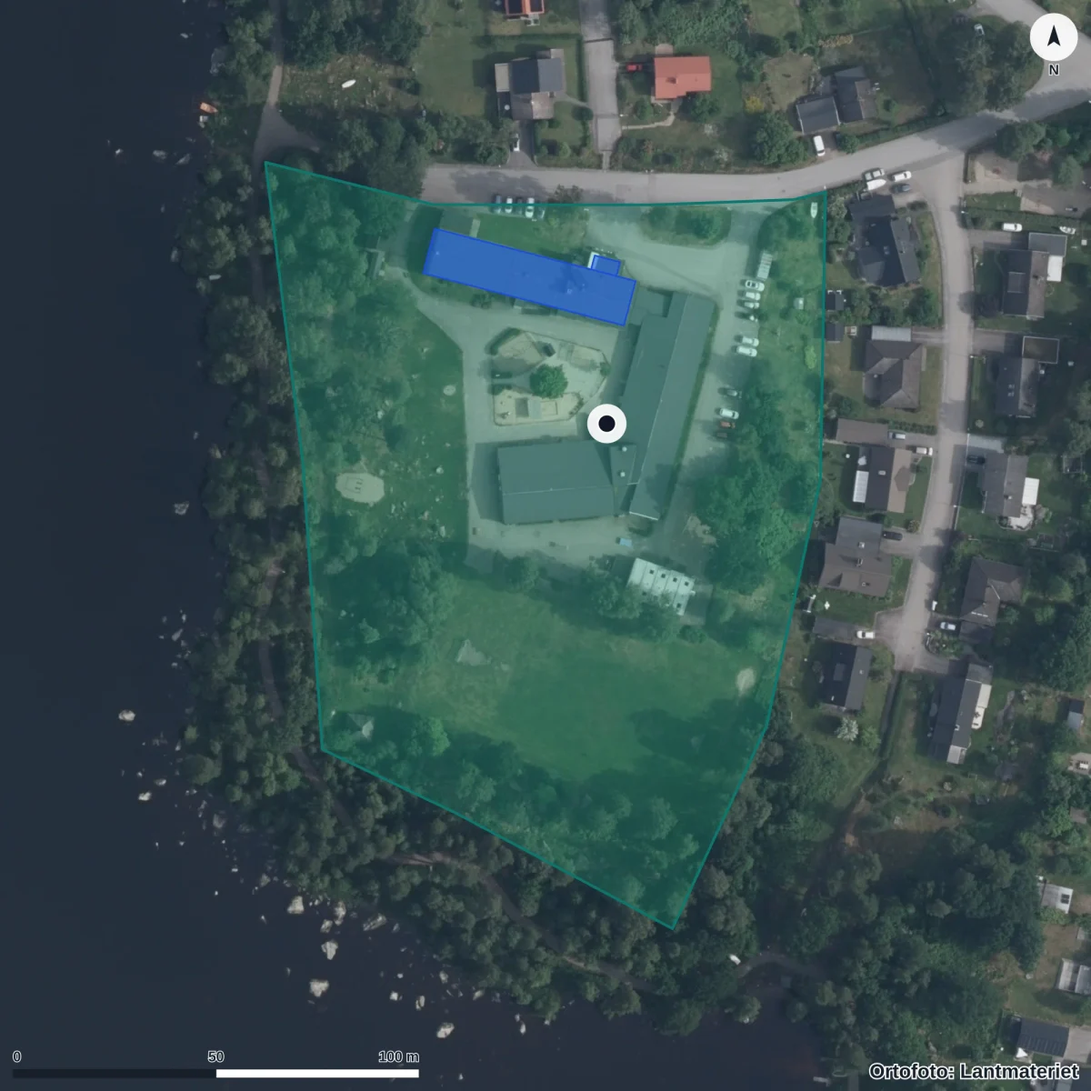 Flygbild över Moheda Förskola, ortofoto från Lantmäteriet