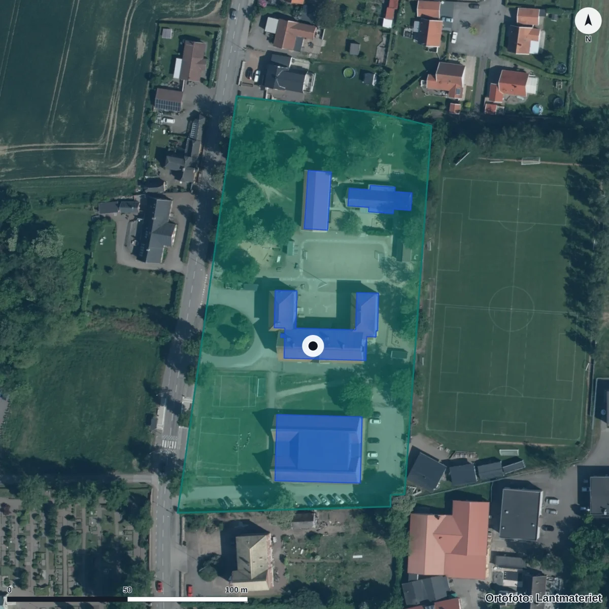 Flygbild över Allerums Förskola, ortofoto från Lantmäteriet