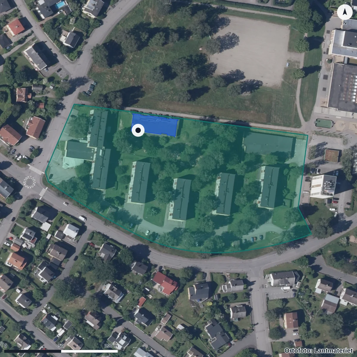 Flygbild över Vederslövs Förskola, ortofoto från Lantmäteriet