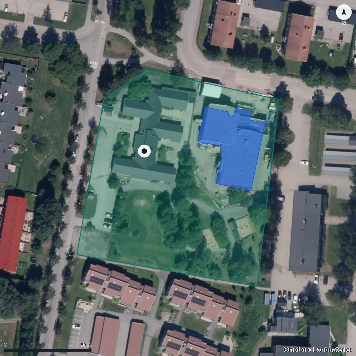 Flygbild över Förskolan Kungsgården, ortofoto från Lantmäteriet
