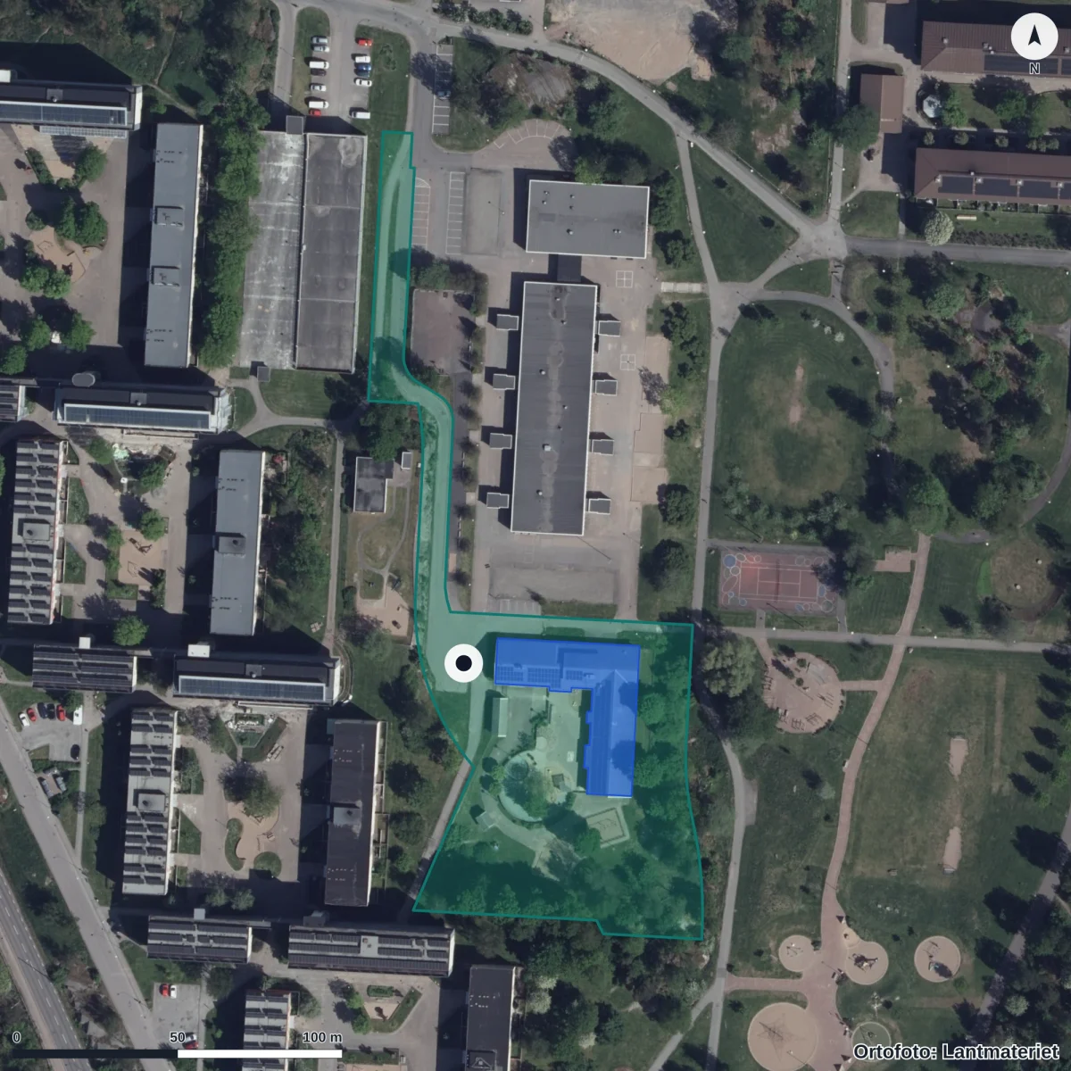 Flygbild över Kanelgatan 38 A Förskola, ortofoto från Lantmäteriet