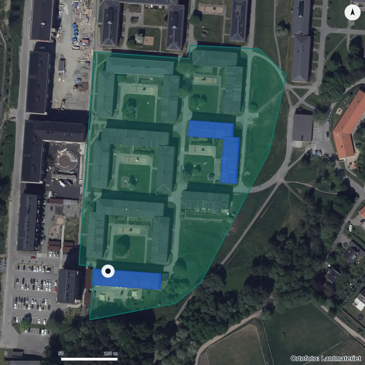 Flygbild över Pilegården 9h Förskola, ortofoto från Lantmäteriet