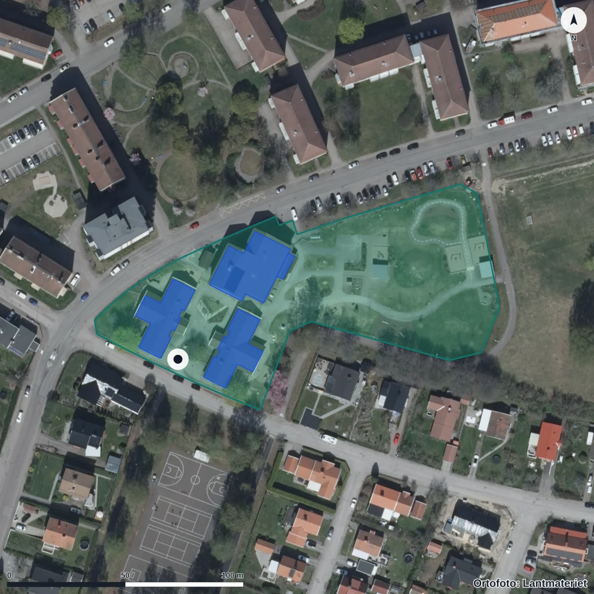 Flygbild över Norrstrands Förskola, ortofoto från Lantmäteriet
