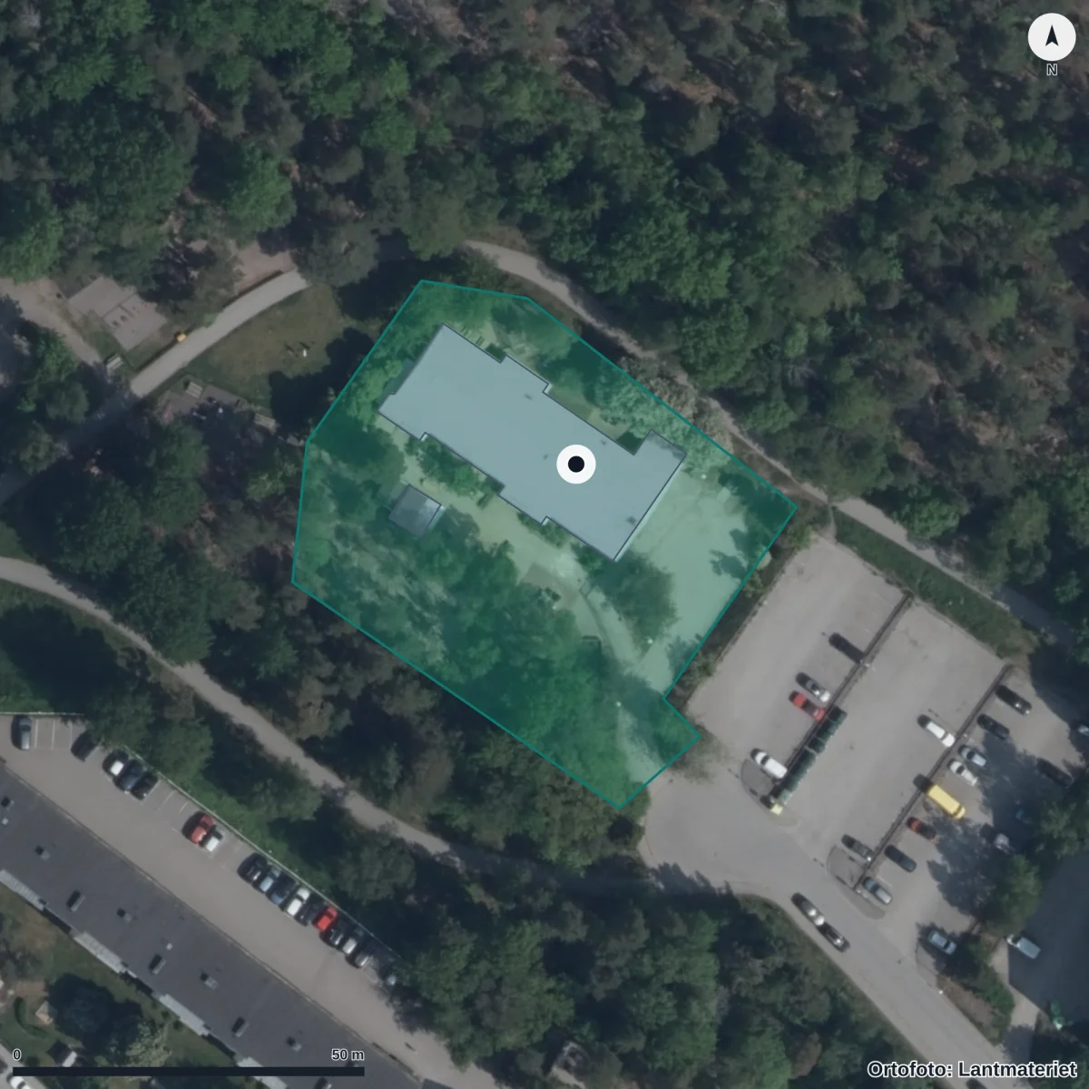 Flygbild över Näsets Förskola, ortofoto från Lantmäteriet