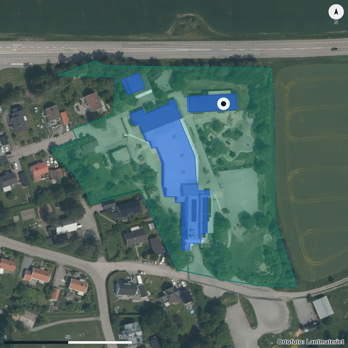 Flygbild över Skolsta Förskola, ortofoto från Lantmäteriet
