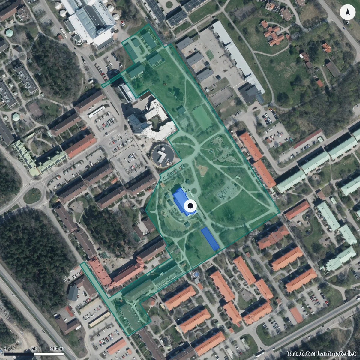 Flygbild över Vallby Förskola, ortofoto från Lantmäteriet