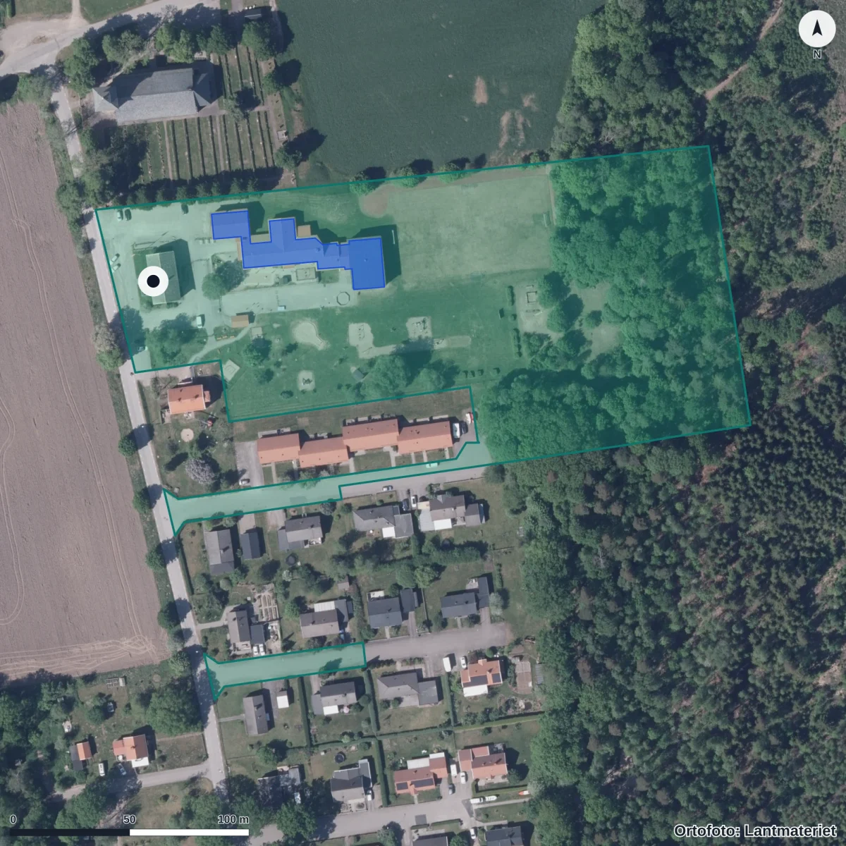 Flygbild över Nöbbele Förskola, ortofoto från Lantmäteriet