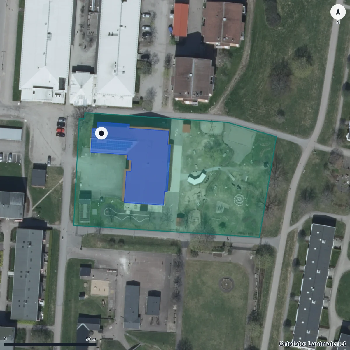 Flygbild över Rudsängens Förskola, ortofoto från Lantmäteriet