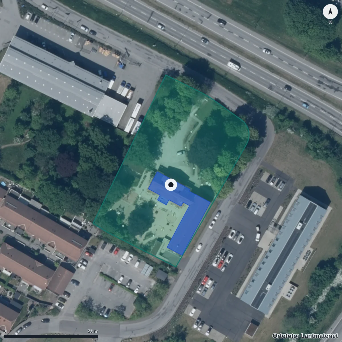 Flygbild över Stångbönans Förskola, ortofoto från Lantmäteriet