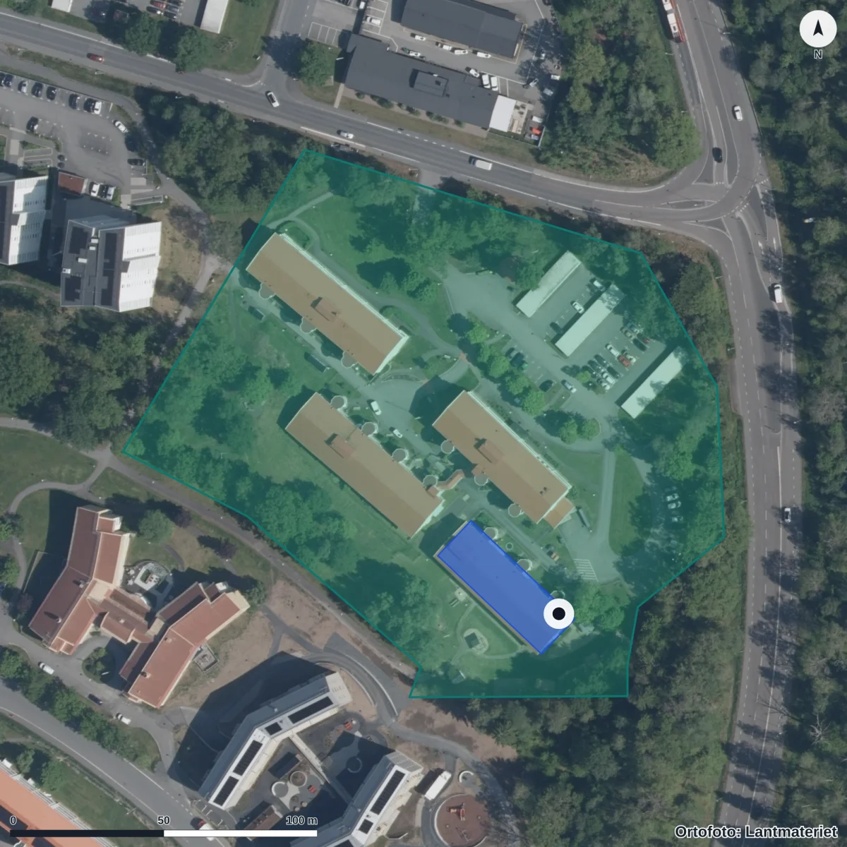 Flygbild över Gethagens Förskola, ortofoto från Lantmäteriet
