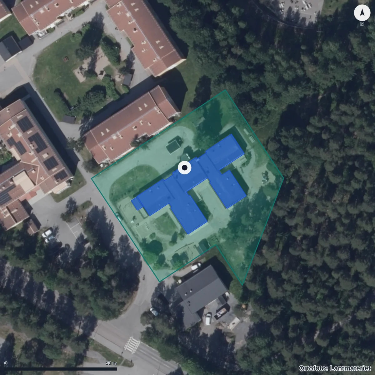 Flygbild över Bergstadens Förskola, ortofoto från Lantmäteriet