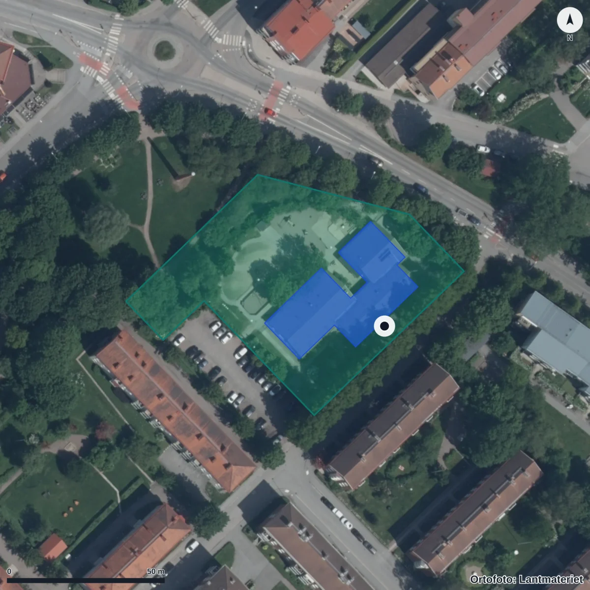 Flygbild över Brune Förskola, ortofoto från Lantmäteriet
