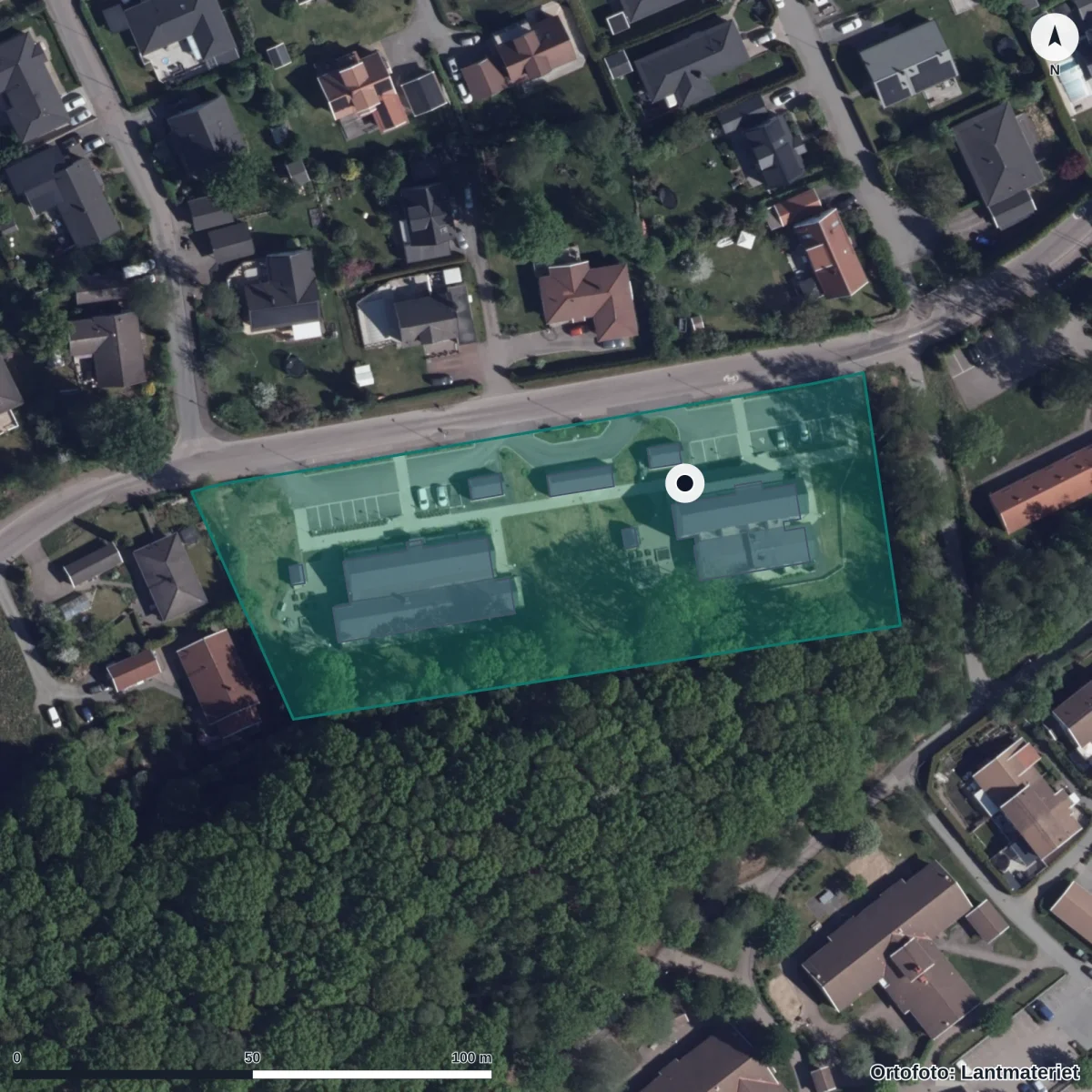 Flygbild över Hultets Förskola, ortofoto från Lantmäteriet