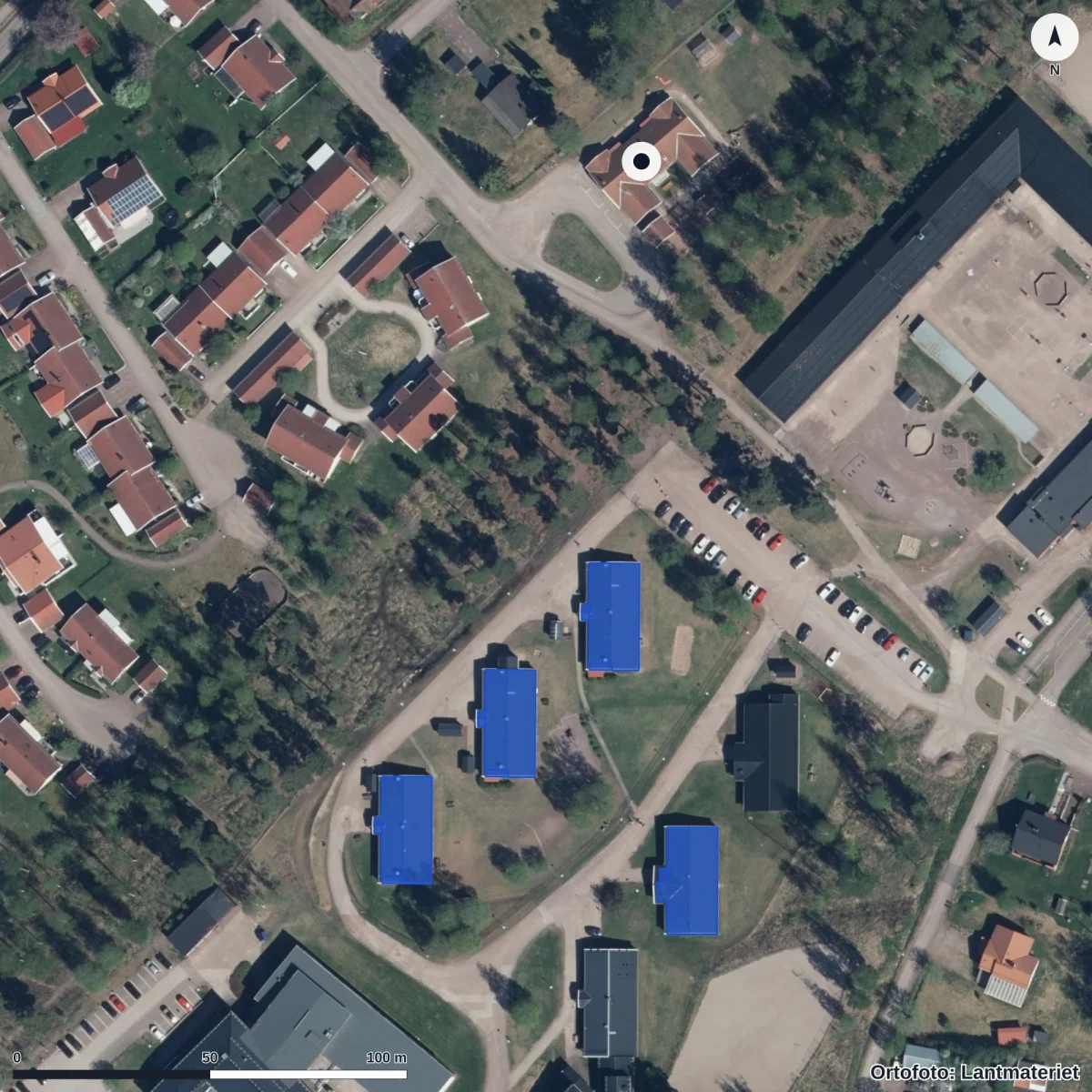 Flygbild över Klockarvägens Förskola, ortofoto från Lantmäteriet