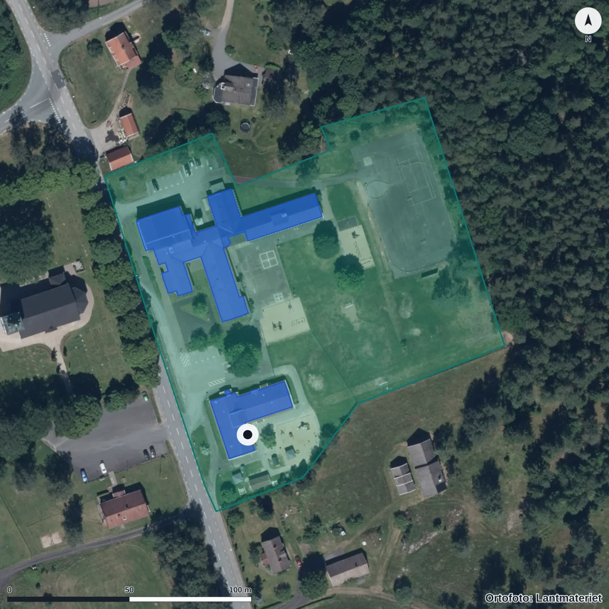 Flygbild över Hånger Förskola, ortofoto från Lantmäteriet