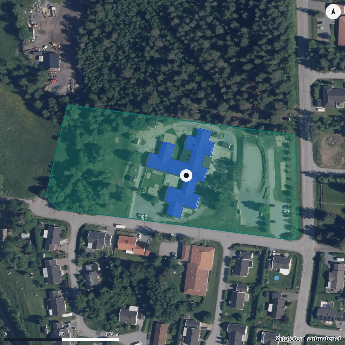 Flygbild över Prästbordets Förskola, ortofoto från Lantmäteriet
