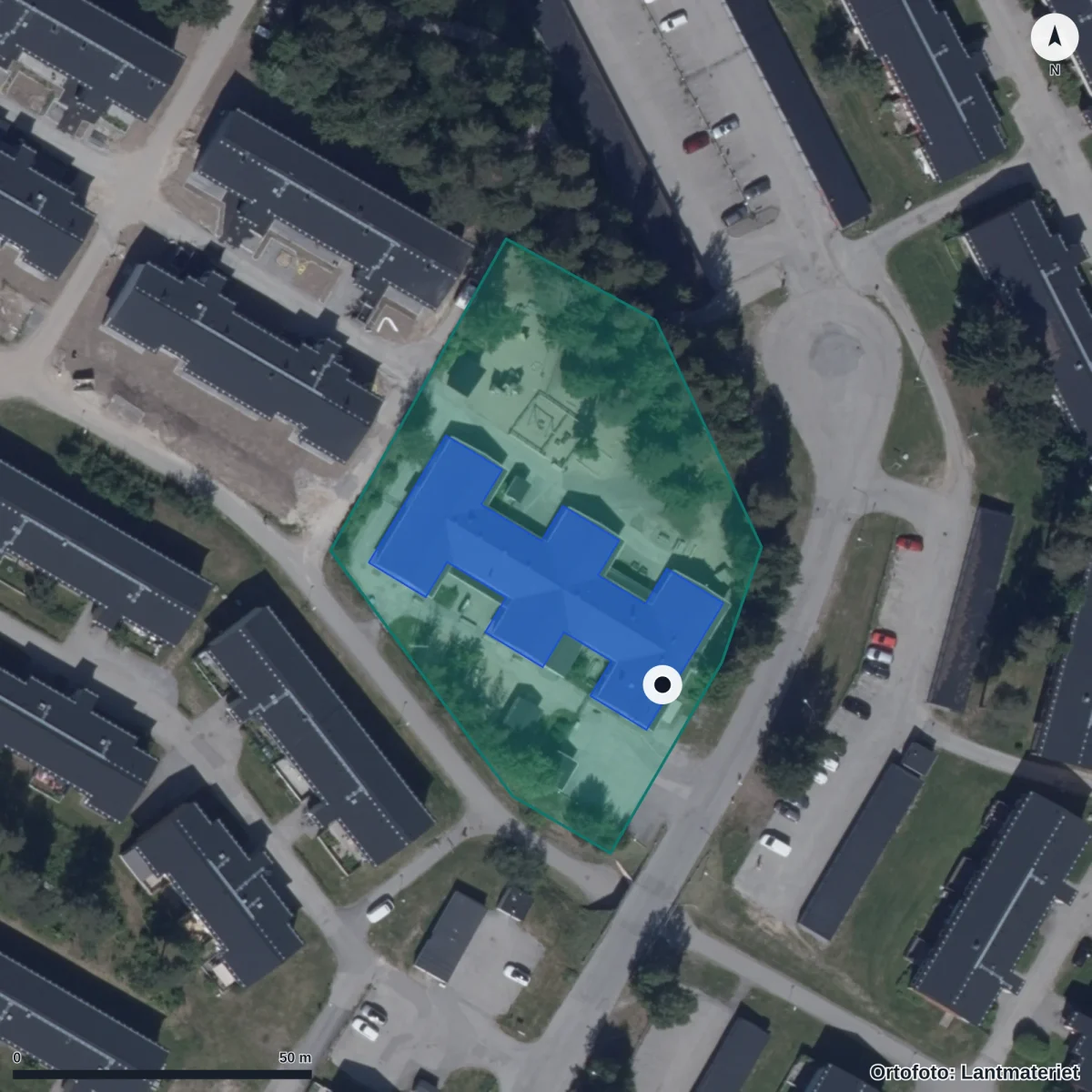 Flygbild över Uddens Förskola, ortofoto från Lantmäteriet