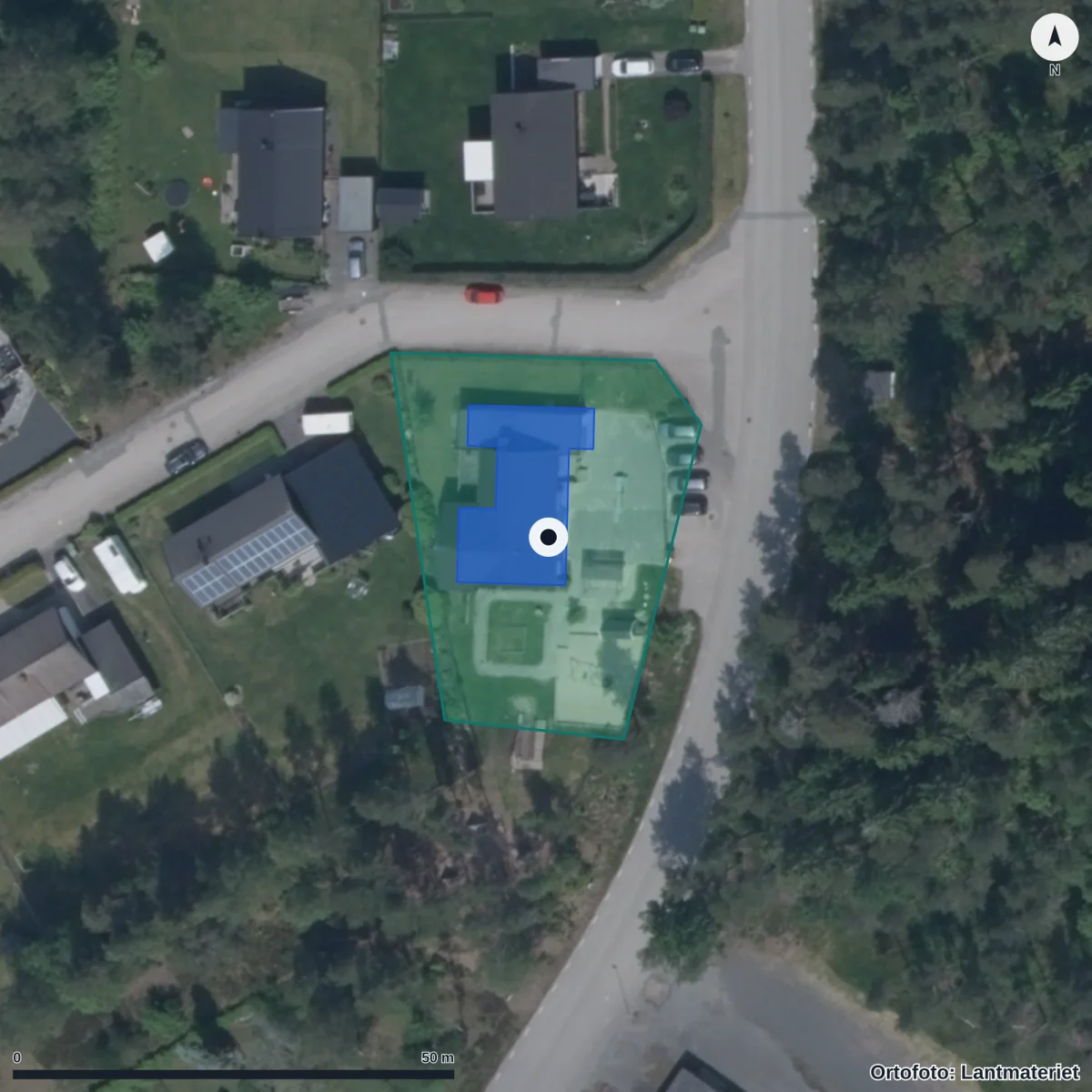 Flygbild över Furusjö Förskola, ortofoto från Lantmäteriet