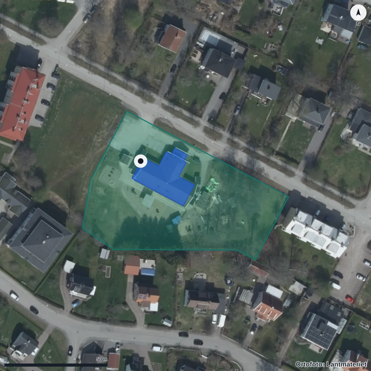 Flygbild över Rävens Förskola, ortofoto från Lantmäteriet