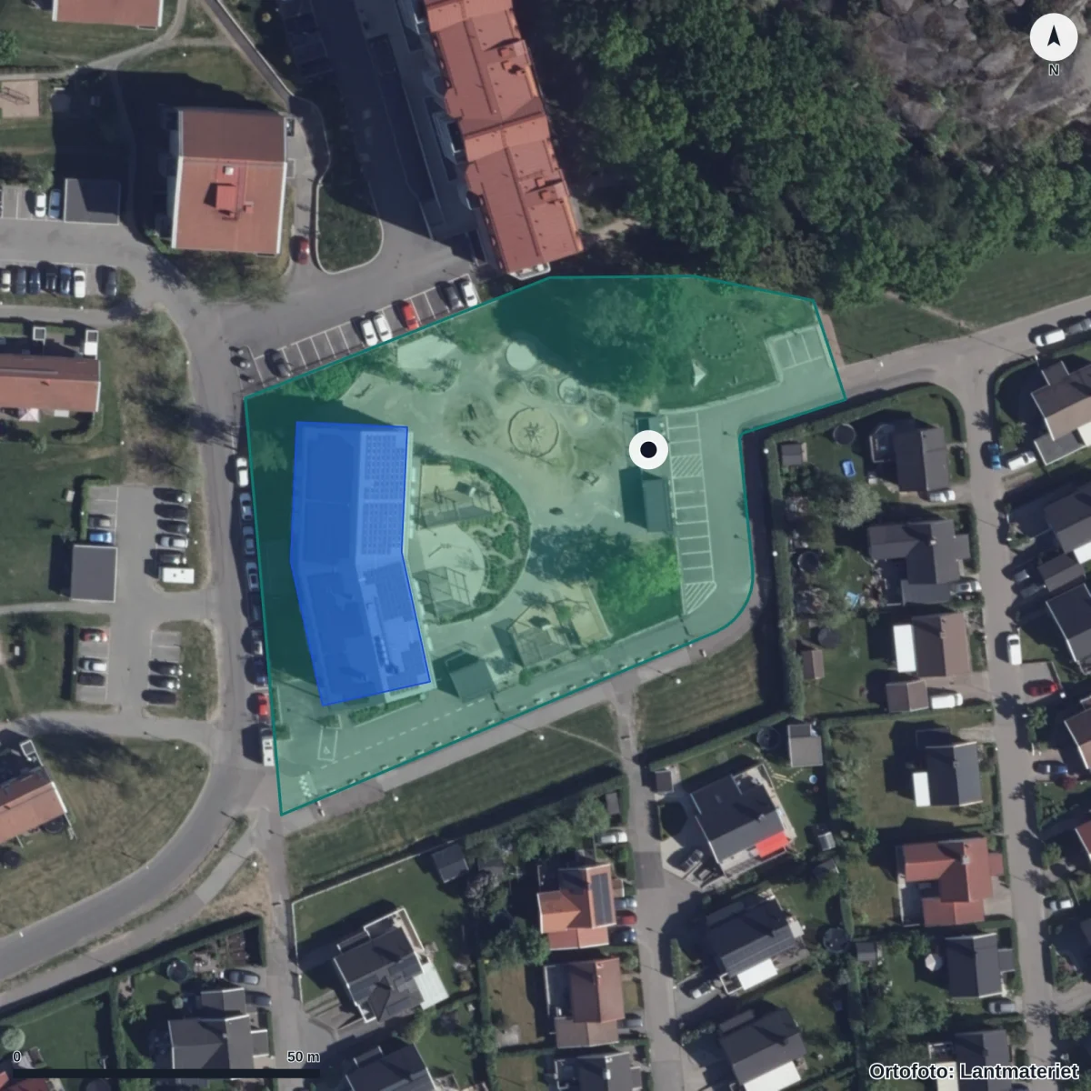 Flygbild över Kanngjutaregatan 1 Förskola, ortofoto från Lantmäteriet