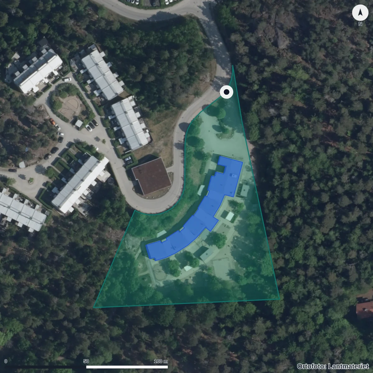 Flygbild över Vistabergs Förskola, ortofoto från Lantmäteriet