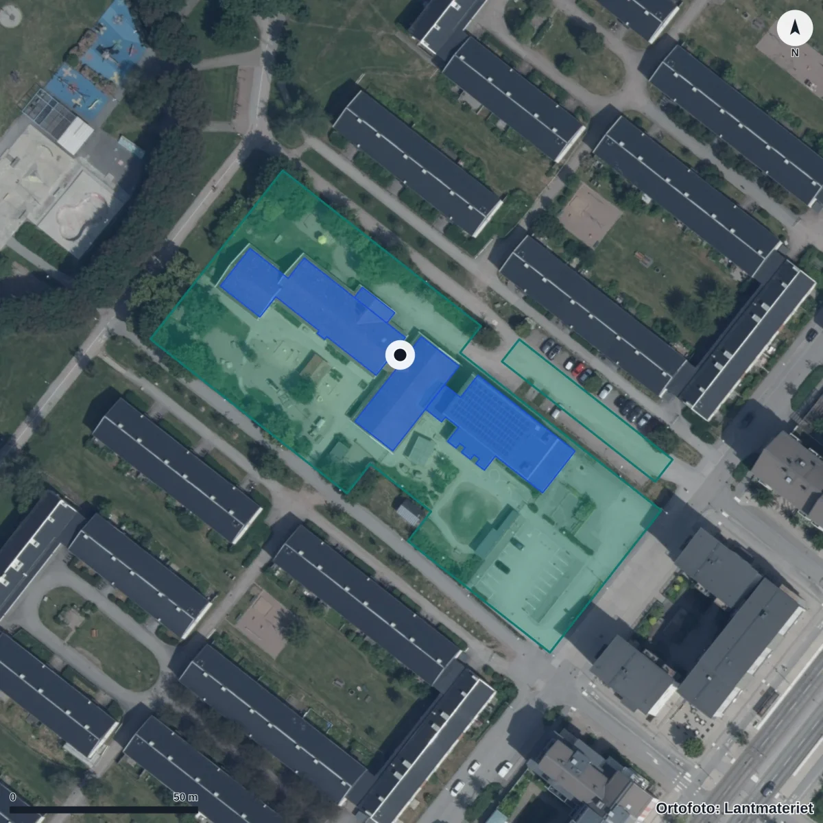 Flygbild över Ringarens Förskola, ortofoto från Lantmäteriet