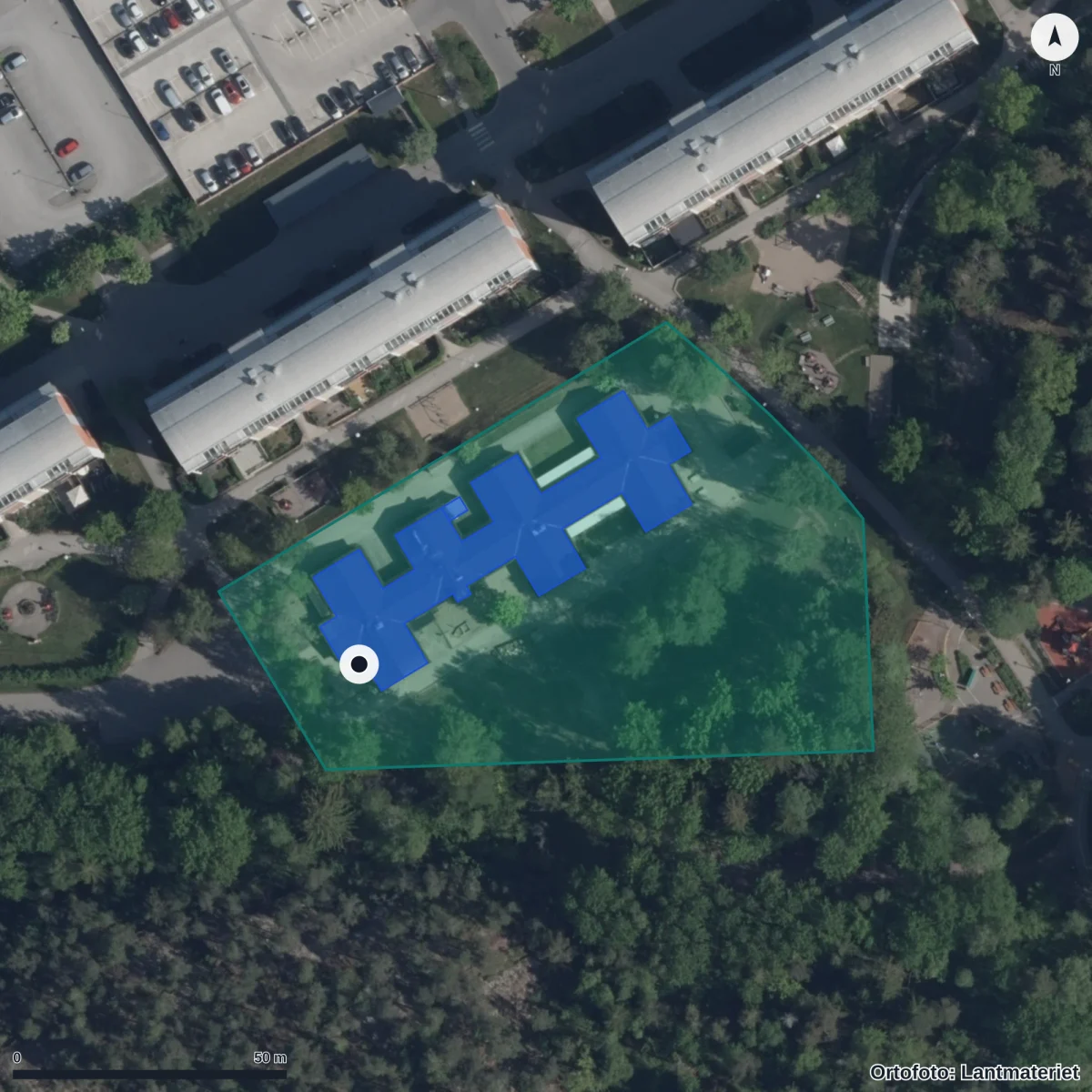 Flygbild över Förskolan Grindstugan, ortofoto från Lantmäteriet