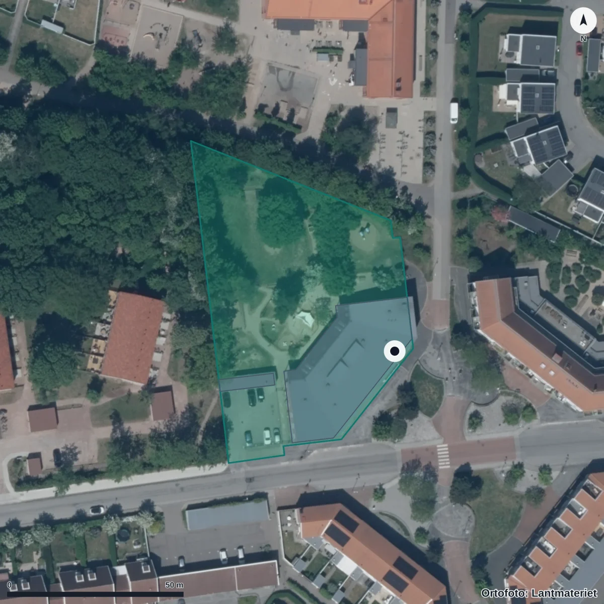Flygbild över Rubinens Förskola, ortofoto från Lantmäteriet