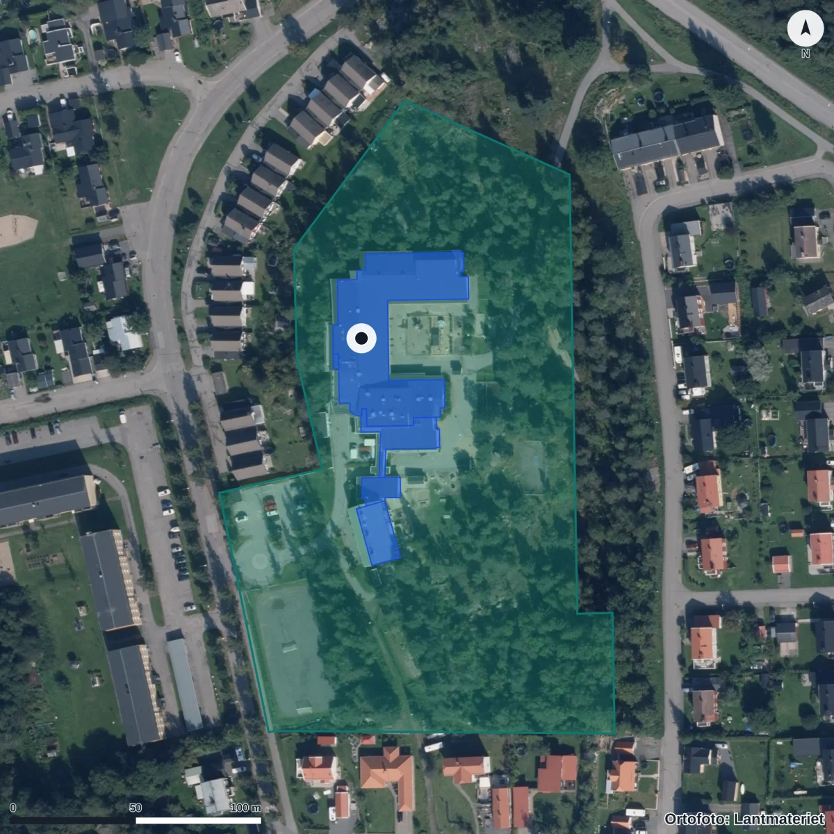Flygbild över Förskolan Sandvik, ortofoto från Lantmäteriet