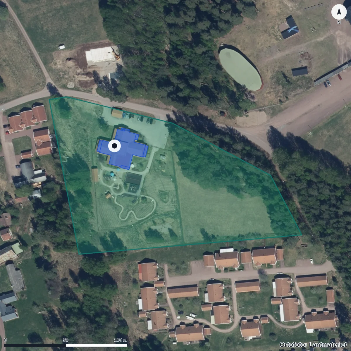 Flygbild över Solleröns Förskola, ortofoto från Lantmäteriet