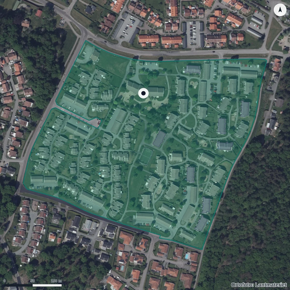 Flygbild över Änggårdens Förskola, ortofoto från Lantmäteriet