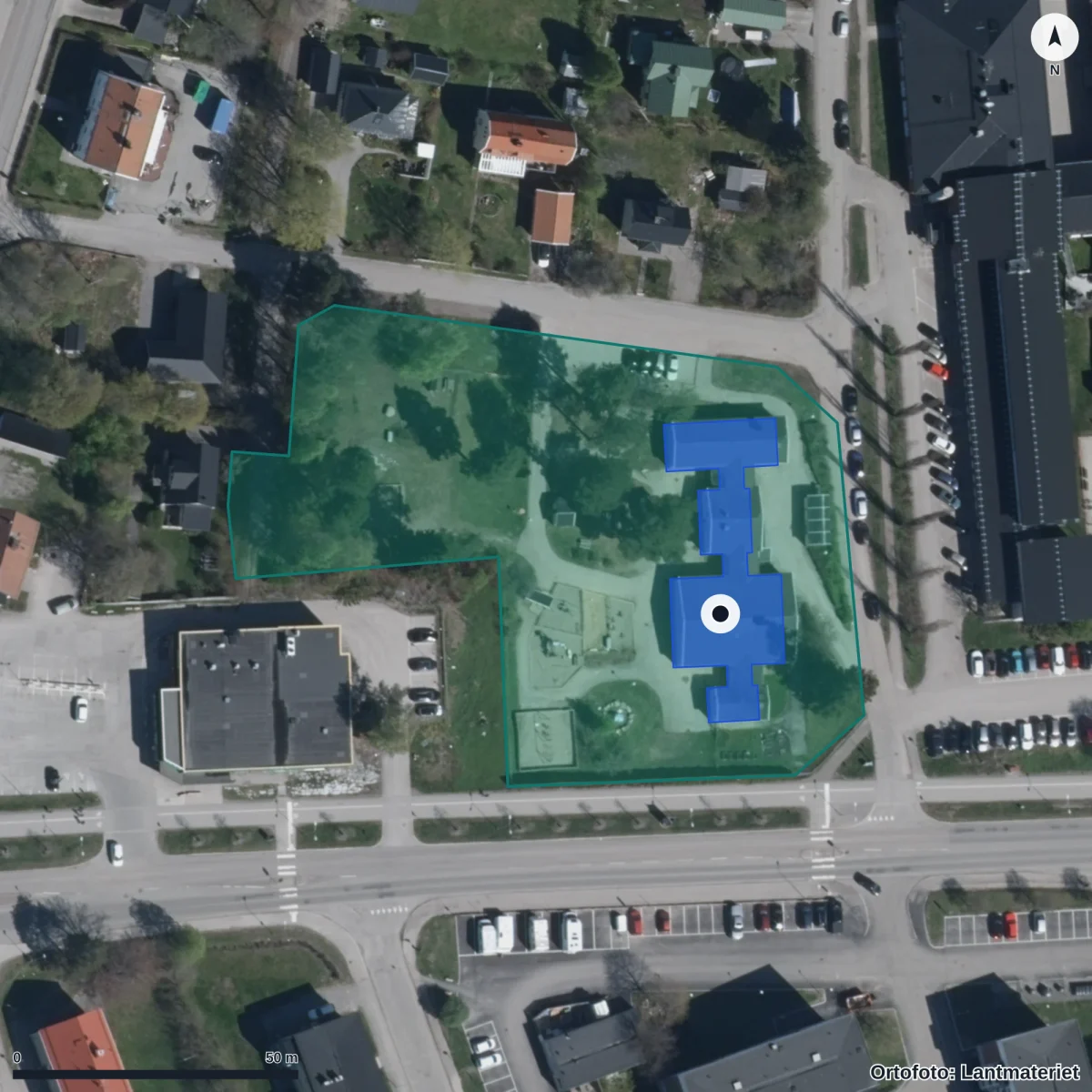 Flygbild över Riddarens Förskola, ortofoto från Lantmäteriet