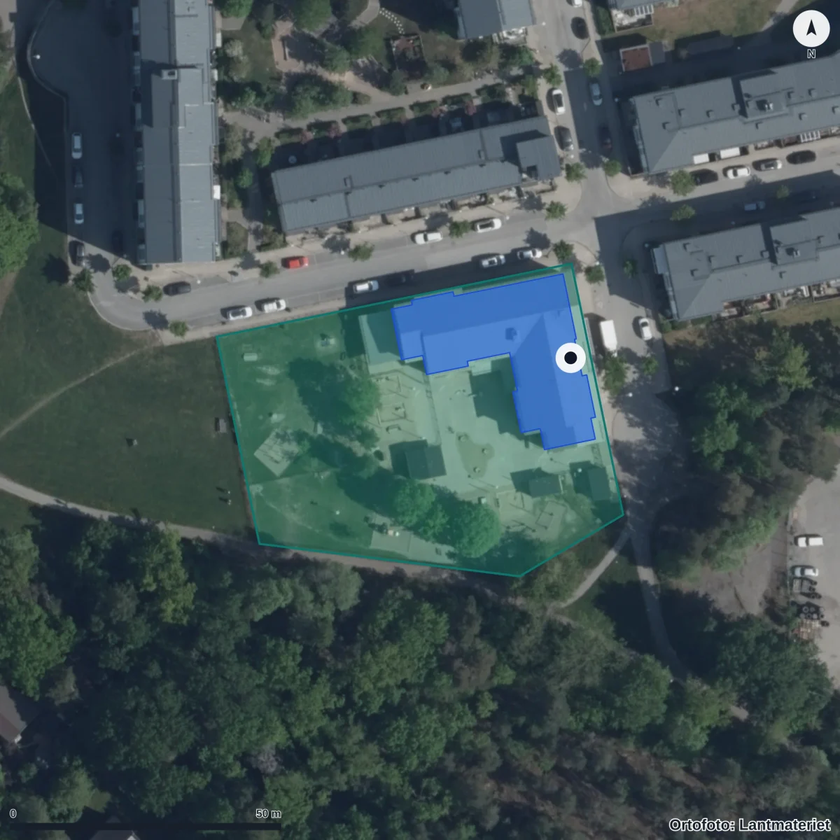 Flygbild över Förskolan Mälarhöjdsparken, Pysslingen, ortofoto från Lantmäteriet