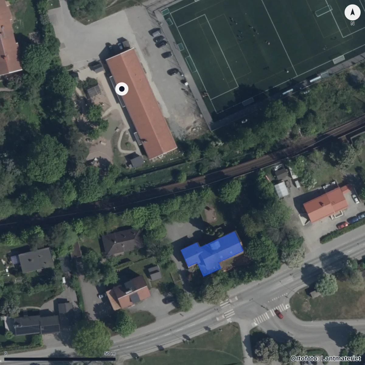 Flygbild över Näsbylundens Förskola, ortofoto från Lantmäteriet