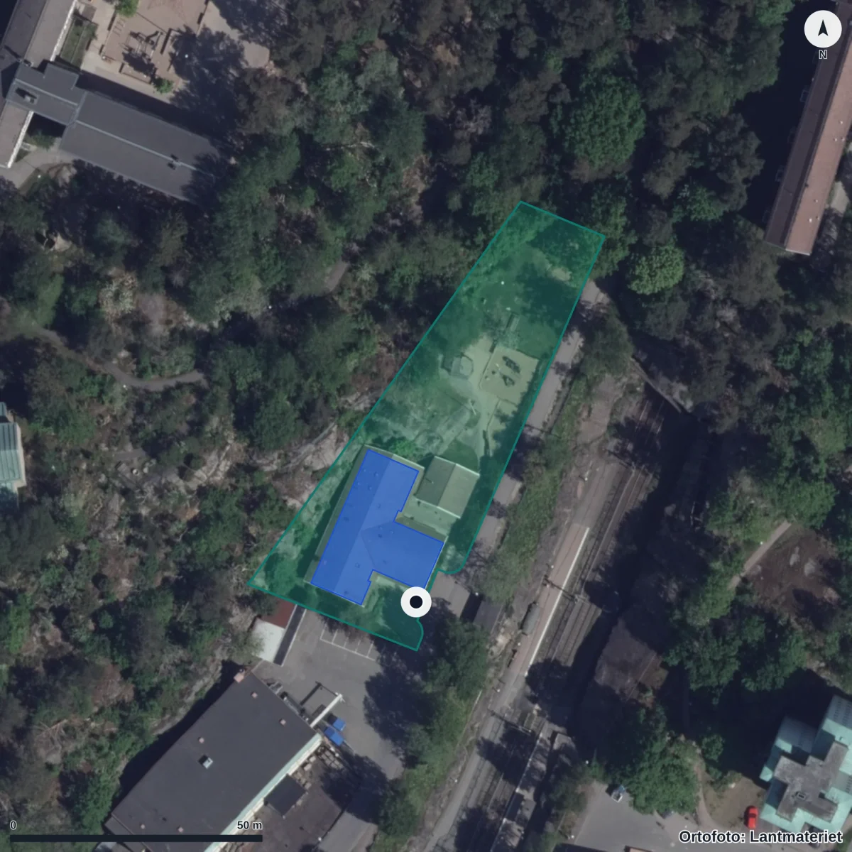 Flygbild över Minutgatan 4 Förskola, ortofoto från Lantmäteriet